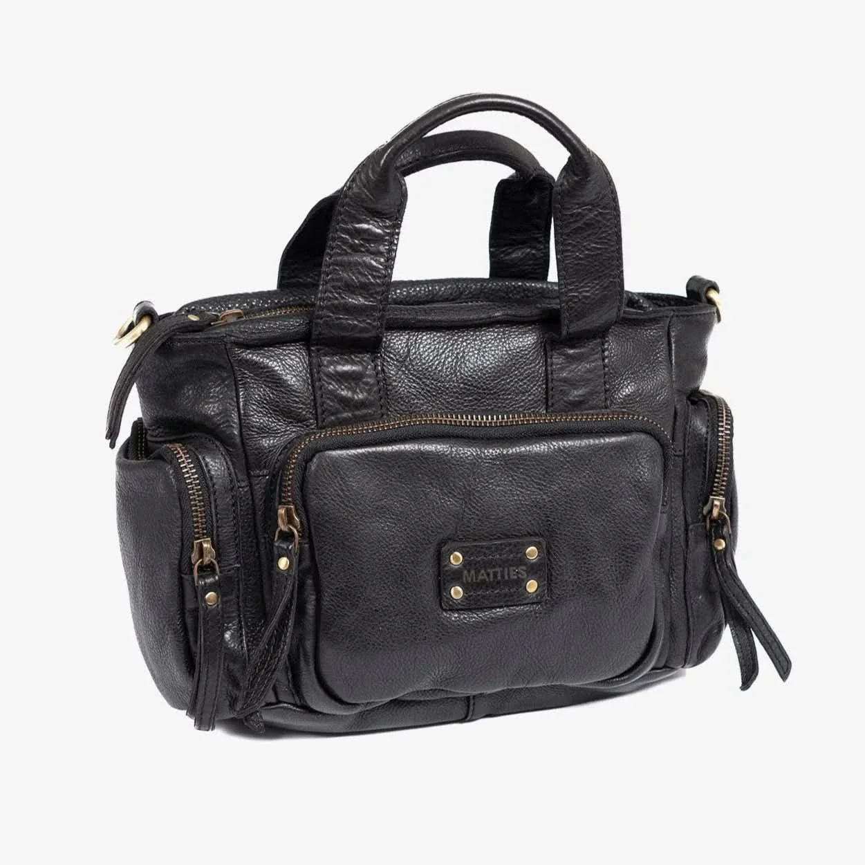 Bolso de Mano con Bandolera multibolsillos Piel Lavada Matties Negro - Imagen 2