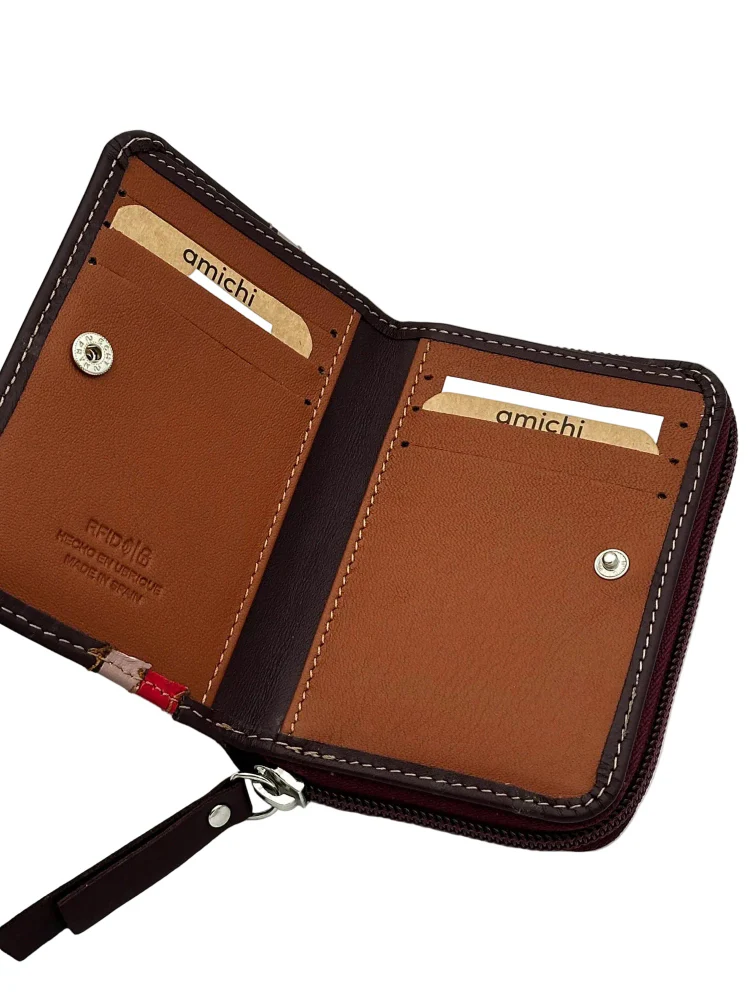 Billetero de Piel Vacuno Monedero Cremallera Amichi Lineas Burdeos 12x8,5cm - Imagen 3