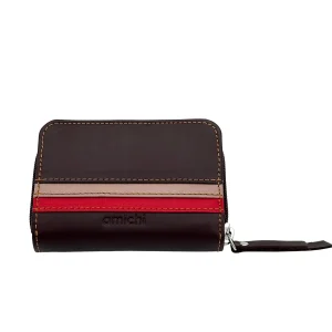 Billetero de Piel Vacuno Monedero Cremallera Amichi Lineas Burdeos 12x8,5cm
